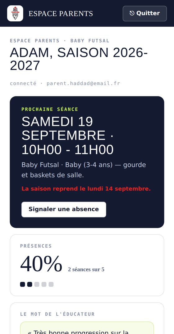 Accueil de l'espace parents avec la prochaine séance