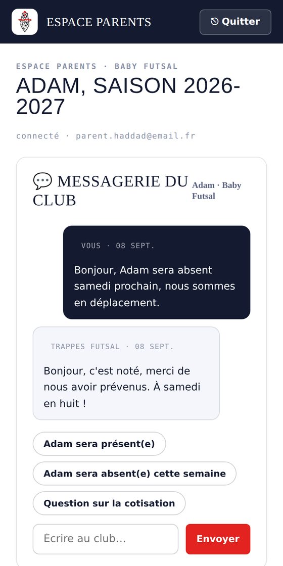 Messagerie du club dans l'espace parents