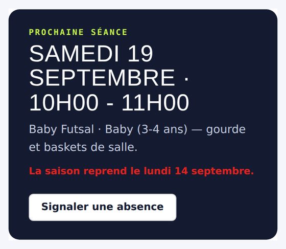 La prochaine séance affichée dans l'espace parents